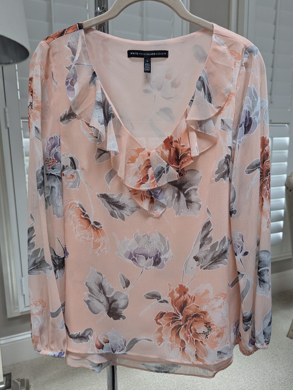 White House Black Market Peach Floral Ruffle V-Neck Top